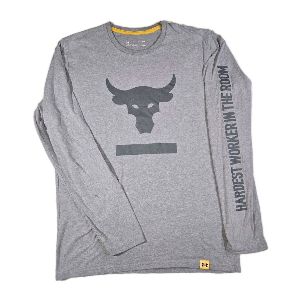 Mens Under Armour Project Rock Hardest Worker Long Sleeve T Shirt Medium Gray